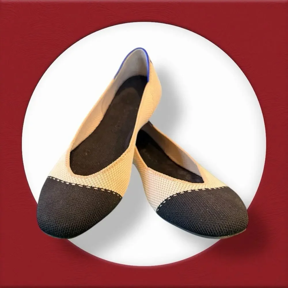 Rothy’s The Square In Tuxedo Size 8 Cream Black Knit Cap Toe Ballet Flats EUC